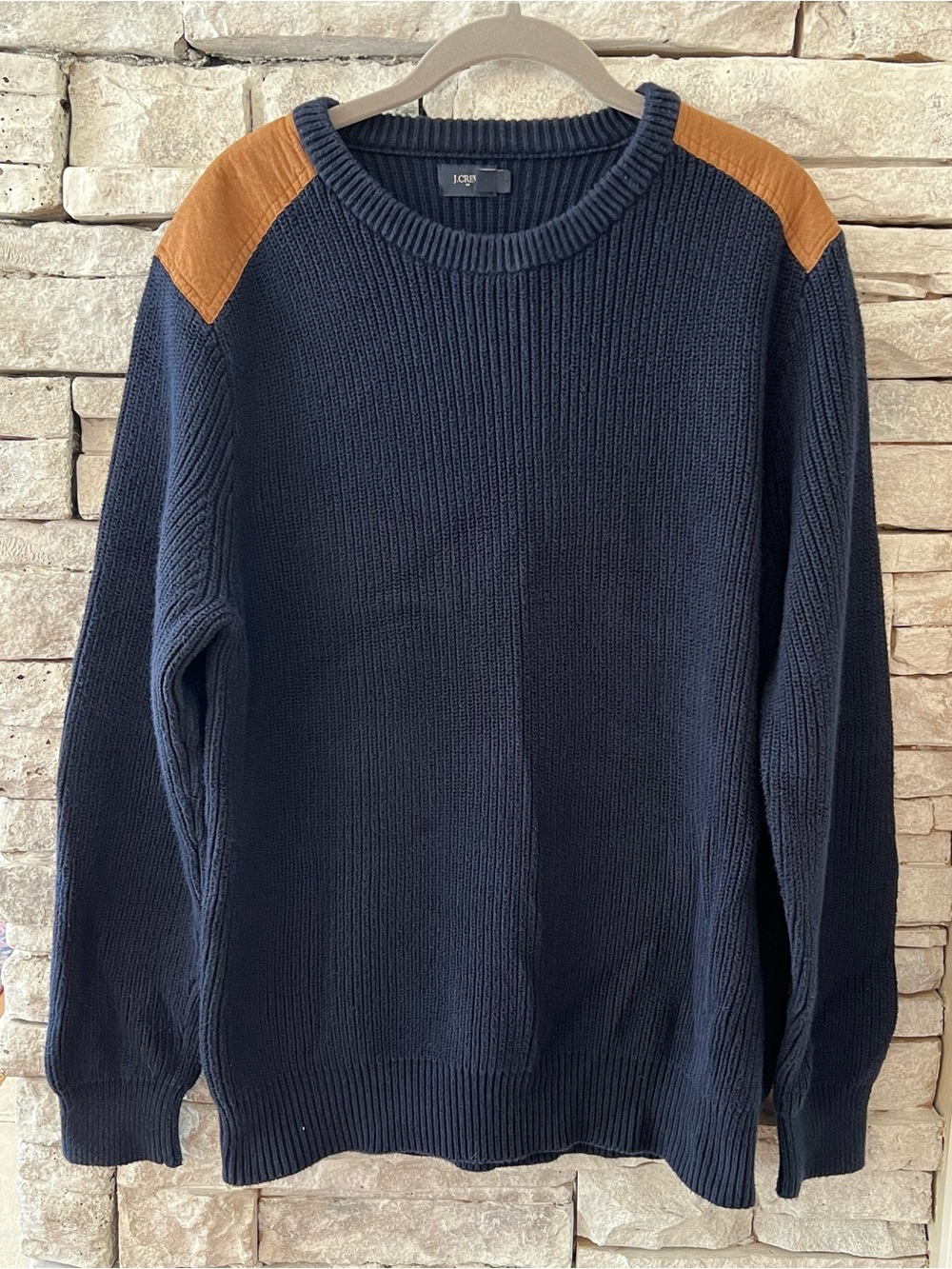 J. Crew Navy Knit Sweater with Brown Shoulder Panels